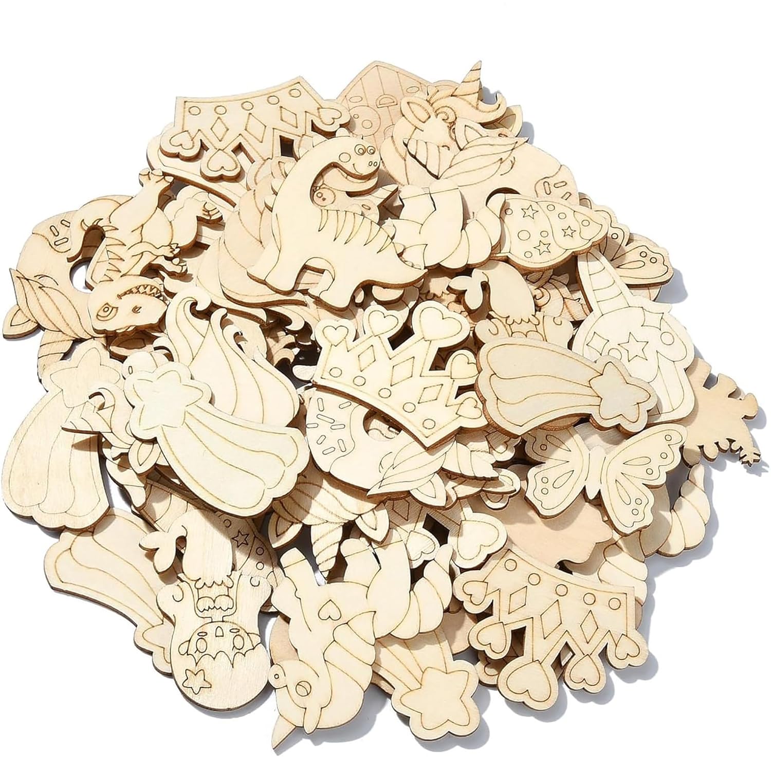 Collection of wooden cutouts with various shapes and designs on a white background