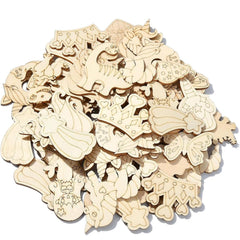 Collection of wooden cutouts with various shapes and designs on a white background