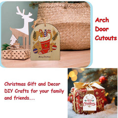 Christmas-themed decor items including a wooden reindeer, arch door cutout with candy canes, and a wrapped gift with a tag.