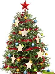 Decorated Christmas tree with stars, ornaments, and ribbons on a white background