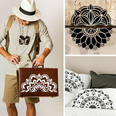 Person holding a suitcase with a mandala design, mandala wall art, and mandala on a pillow.
