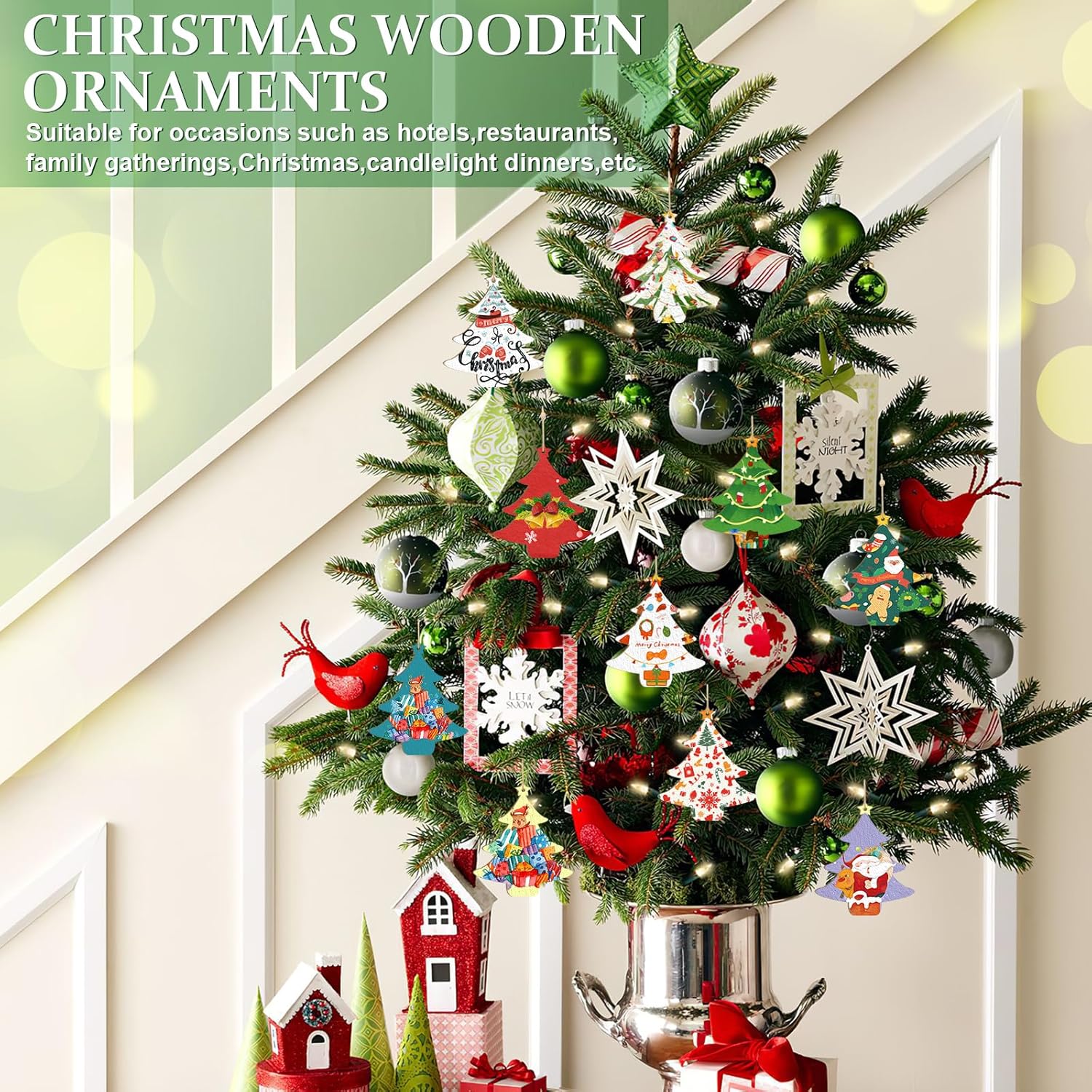 Decorative Christmas tree with wooden ornaments in a home setting