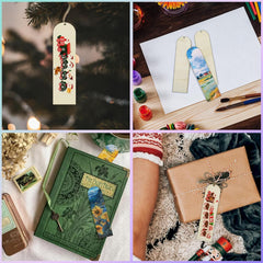 Collage of decorative bookmarks, a book, and a gift with a decorated bookmark.