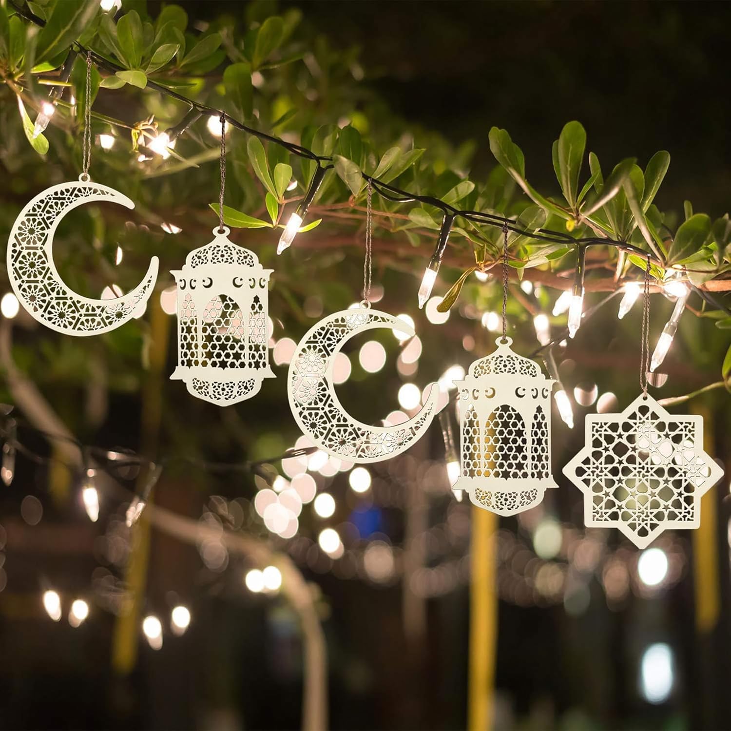 Decorative hanging lanterns on a tree with string lights