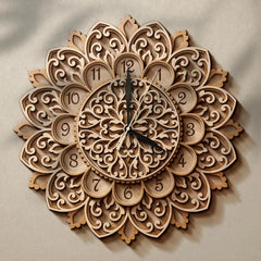 Cliths Multilayer Mandala Wall Clock Laser Cut Wooden Decorative Clock for Living Room & Bedroom Stylish Home Decor & Gift