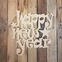 Wooden 'Happy New Year' decoration on a rustic wooden background