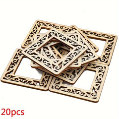 Set of square wooden coasters with intricate designs on a white background, labeled '20pcs'.