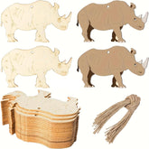 Set of rhino-shaped wooden tags with string, displayed against a white background.