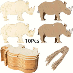 Set of wooden rhino shapes with packaging and twine on a white background