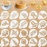 Set of stencils with Diwali-themed designs on a wooden surface with a cup of coffee and cake.