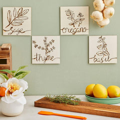 Decorative wall art with herb names on a kitchen wall