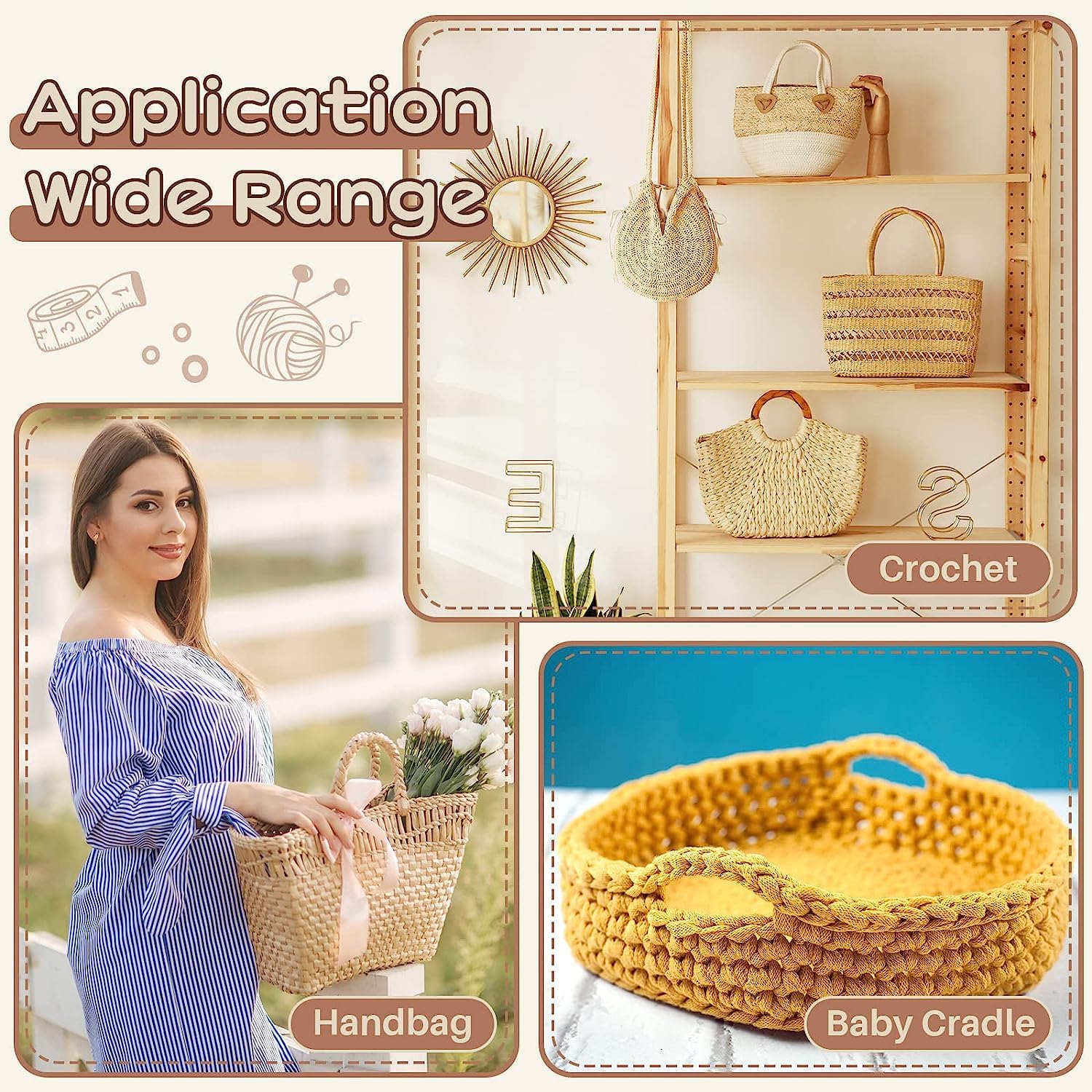 Collage of a woman with a handbag, shelves with baskets, and a yellow baby cradle.