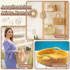 Collage of a woman with a handbag, shelves with baskets, and a yellow baby cradle.
