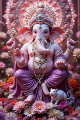 Decorative statue of a deity with floral background