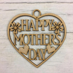 Heart-shaped wooden cutout with 'Happy Mother's Day' text on a light wood background