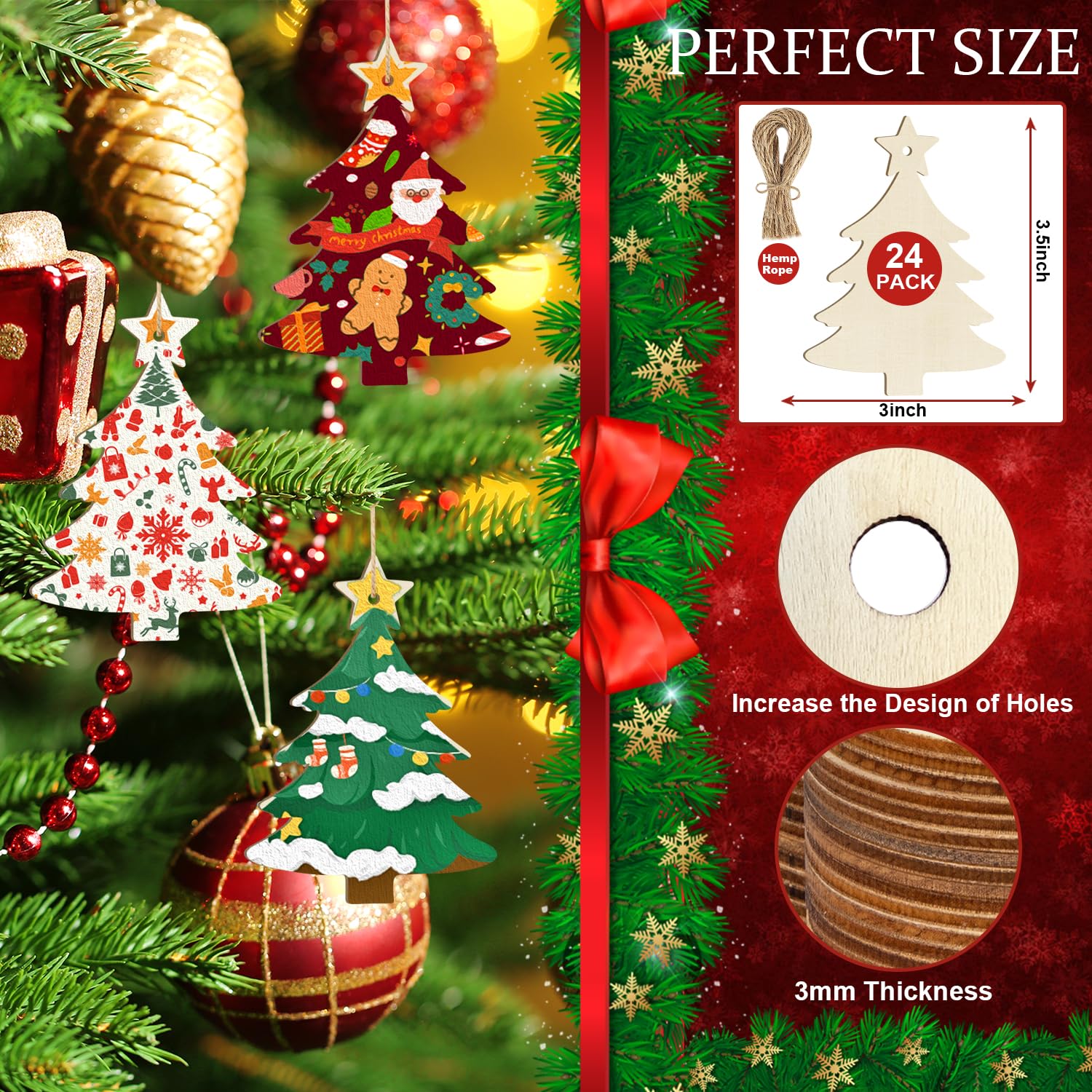 Wooden Christmas tree ornaments on a green background with packaging details.