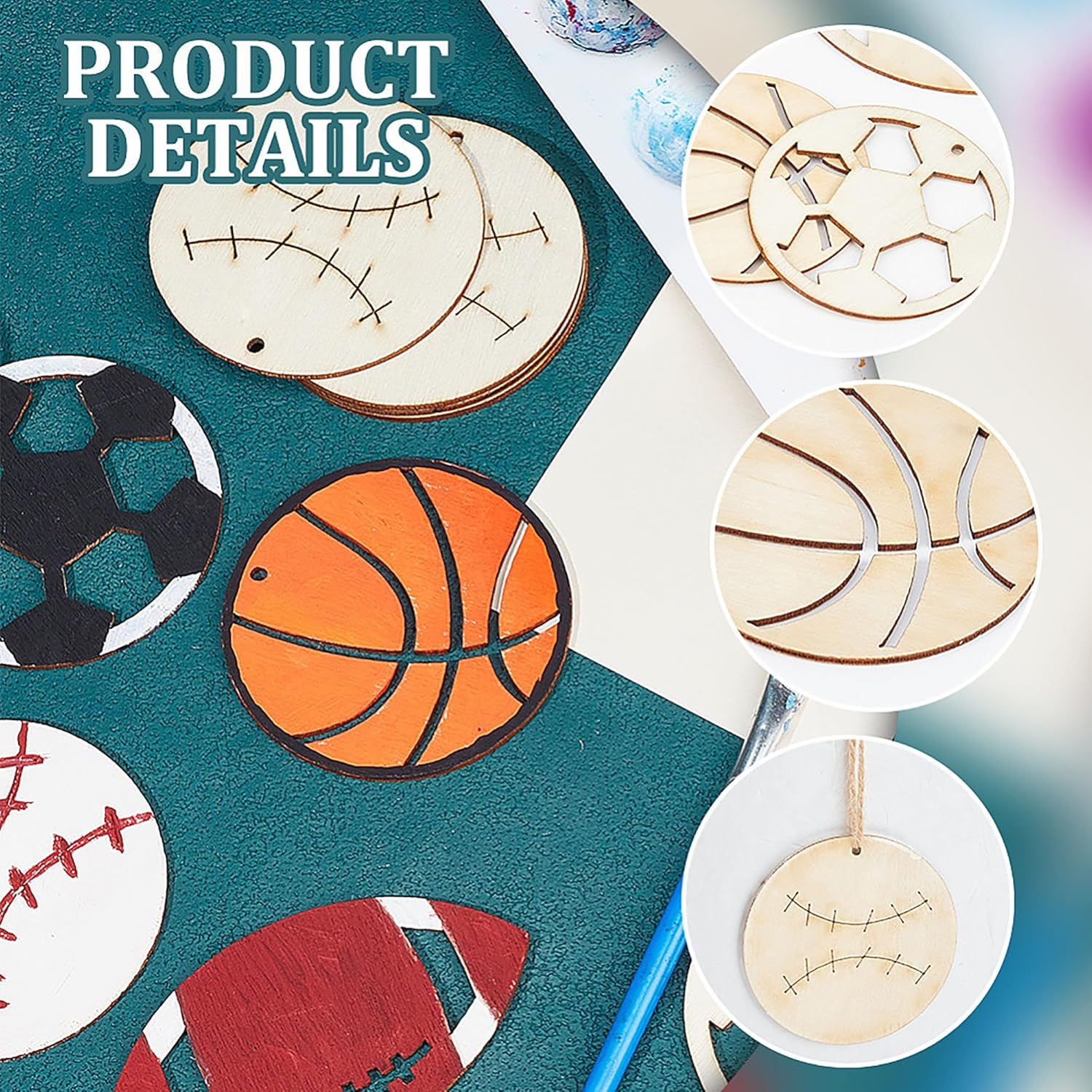 Wooden sports-themed coasters on a colorful background with 'Product Details' text.