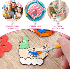 Collage of a family, Easter gift, interior decoration, and a hand painting a wooden craft on a wooden surface.