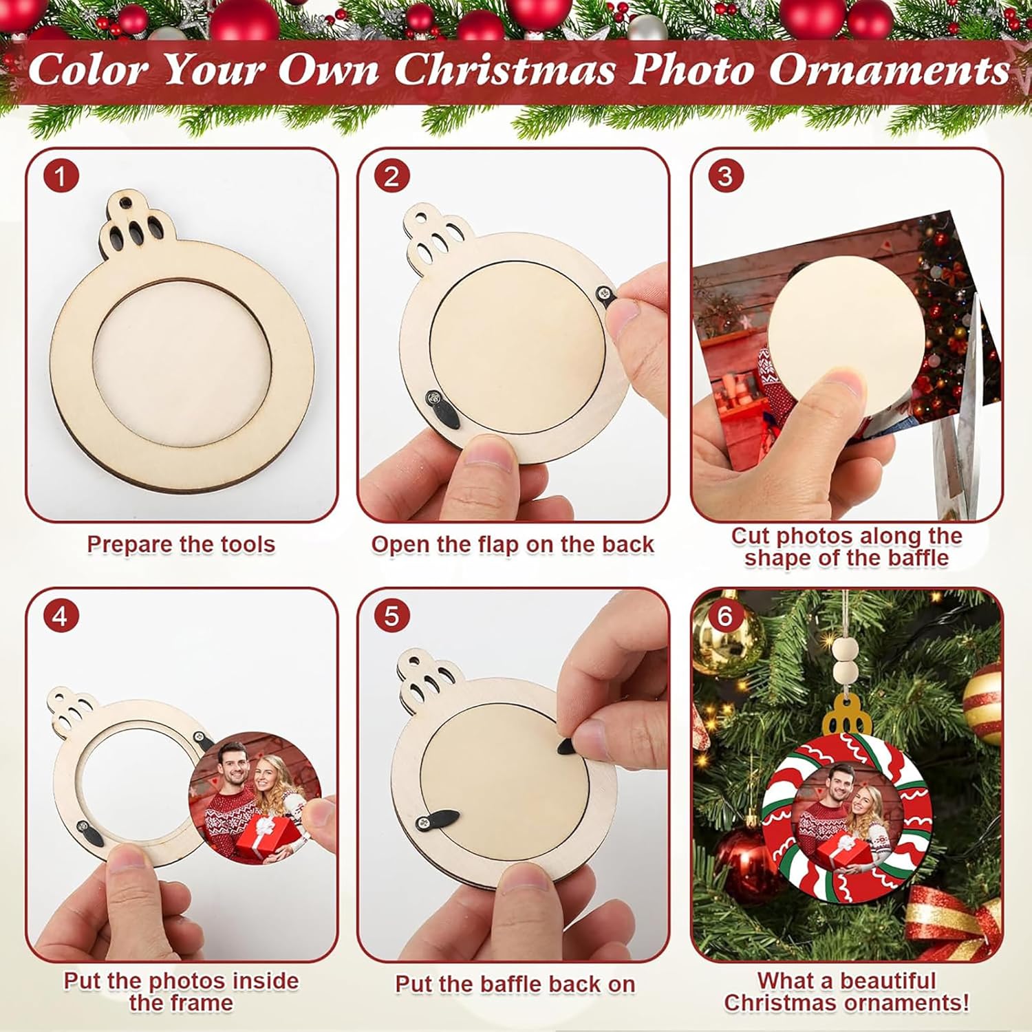 Step-by-step guide on how to color your own Christmas photo ornaments with tools and a decorated tree.