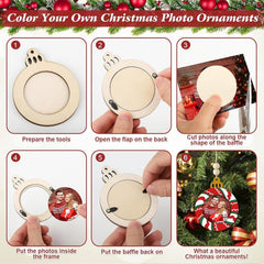 Step-by-step guide on how to color your own Christmas photo ornaments with tools and a decorated tree.