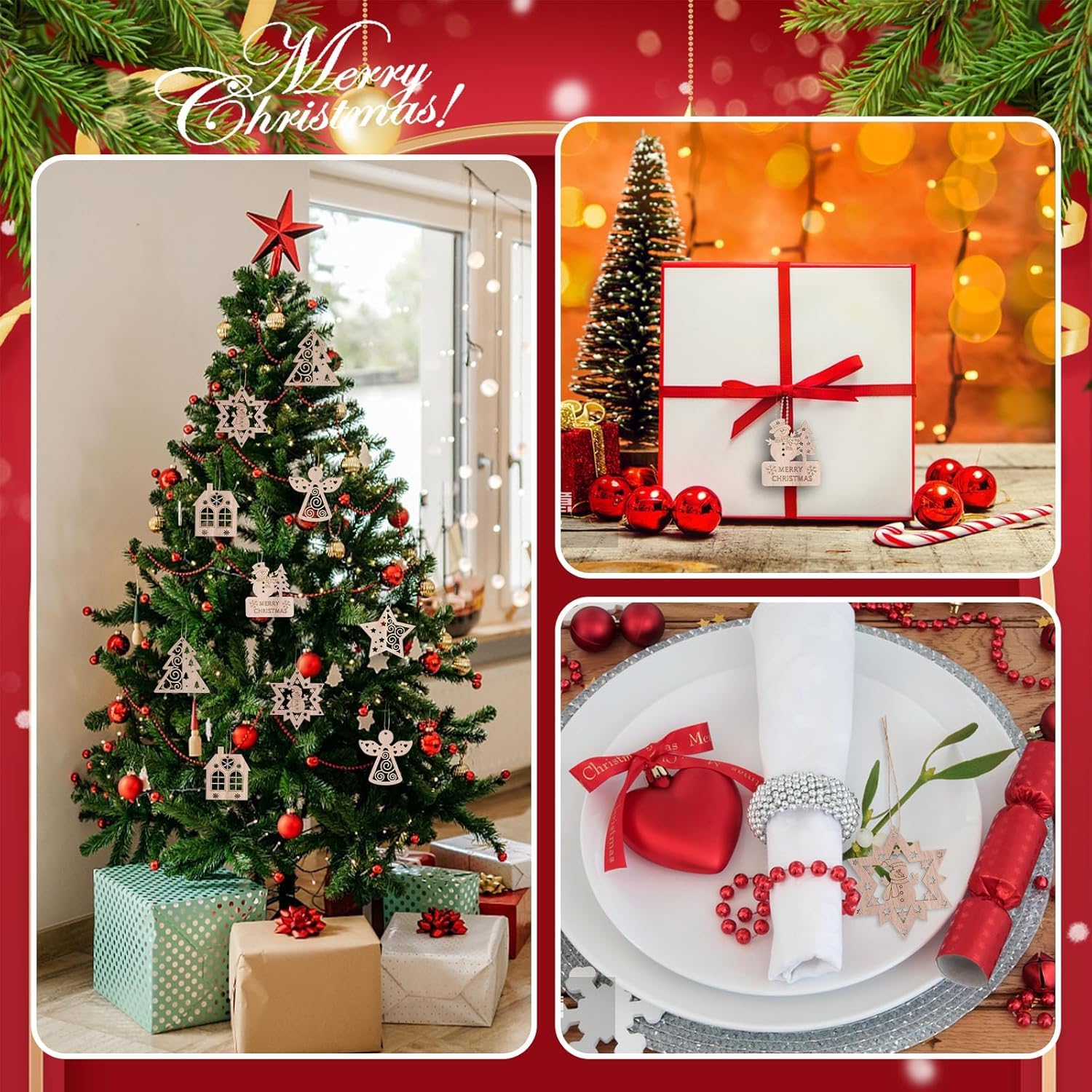 Collage of Christmas-themed images including a decorated tree, presents, and table setting.