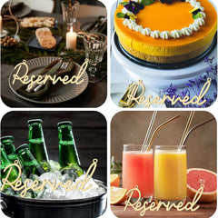 Collage of a reserved table setting with a cake, beer bottles, and drinks.
