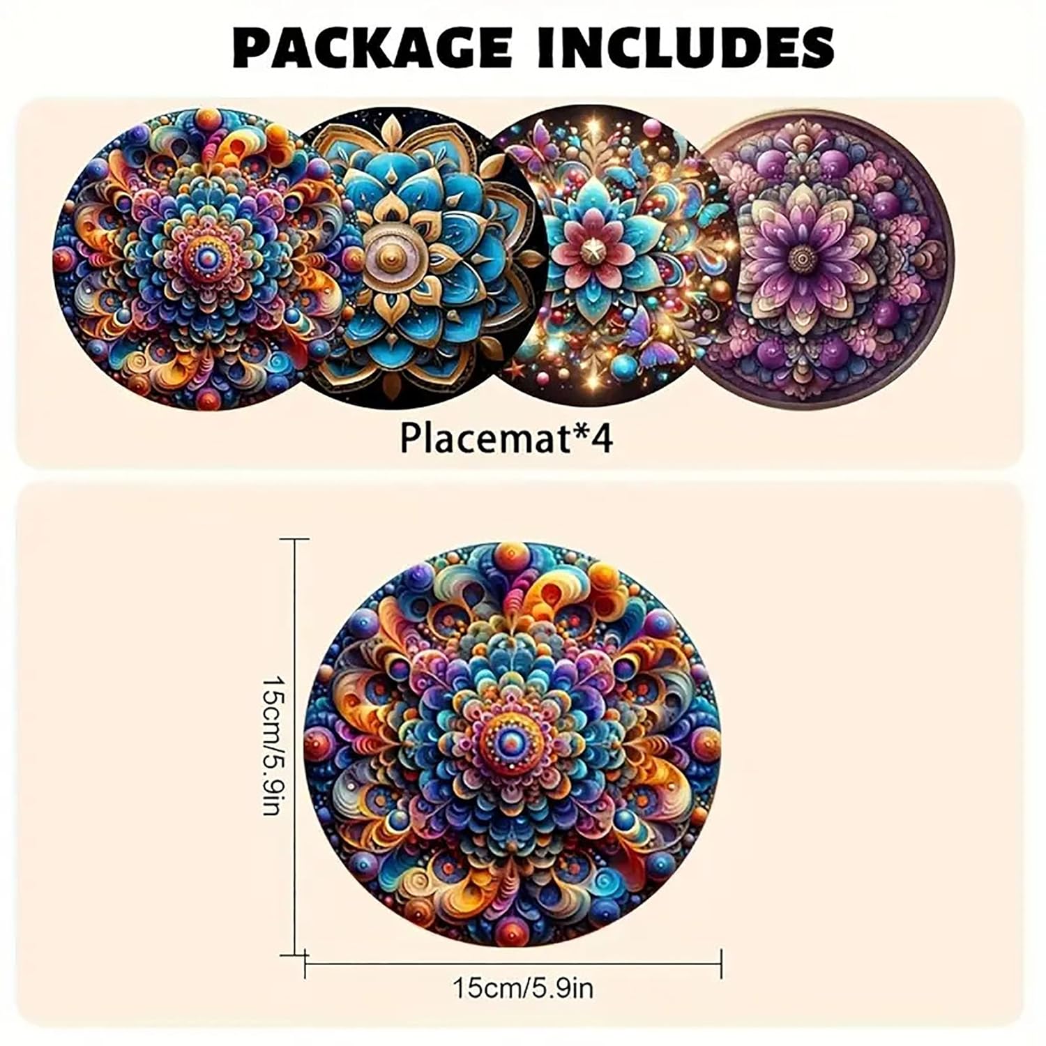 Colorful placemats with floral designs and dimensions on a beige background