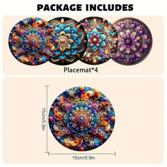 Colorful placemats with floral designs and dimensions on a beige background