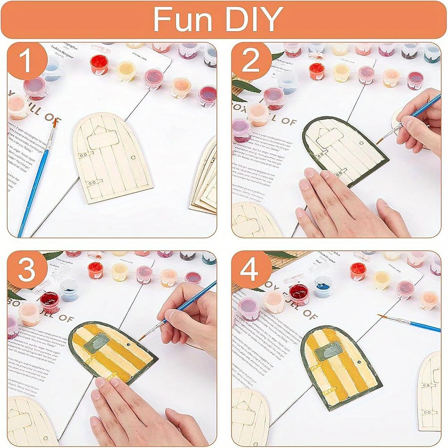 Step-by-step DIY tutorial on painting a wooden fairy door with colorful paint and brushes.