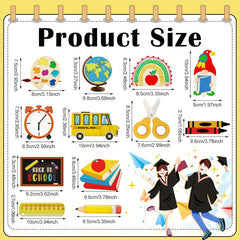 Product size chart with various educational illustrations on a yellow background