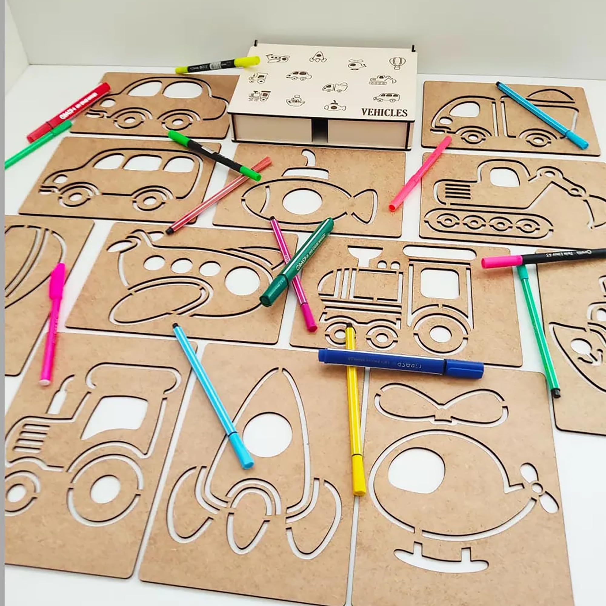 Educational Montessori vehicle stencils for children's drawing