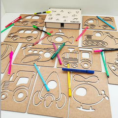 Educational Montessori vehicle stencils for children's drawing