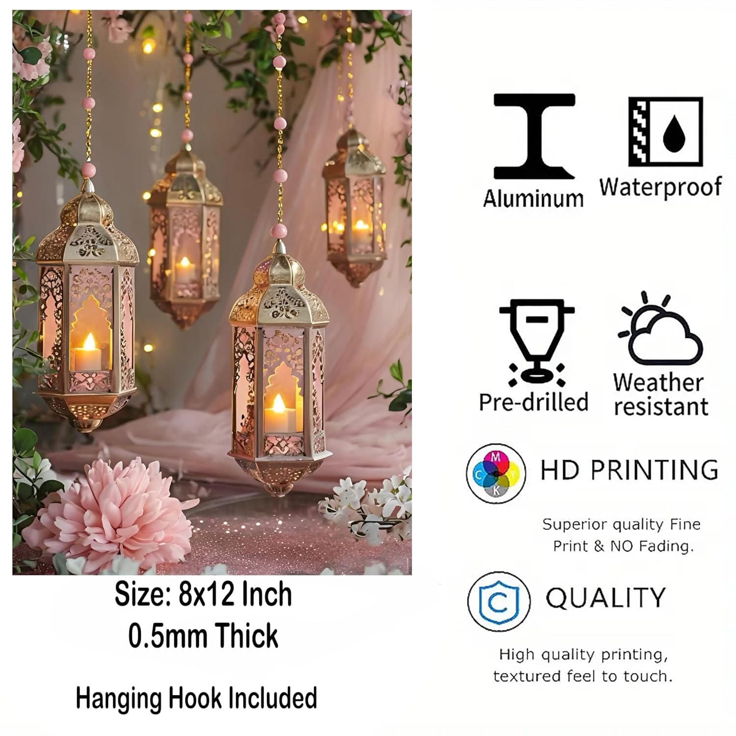 Decorative lanterns with hanging hook, size 8x12 Inch, 0.5mm thick, on a decorative background.