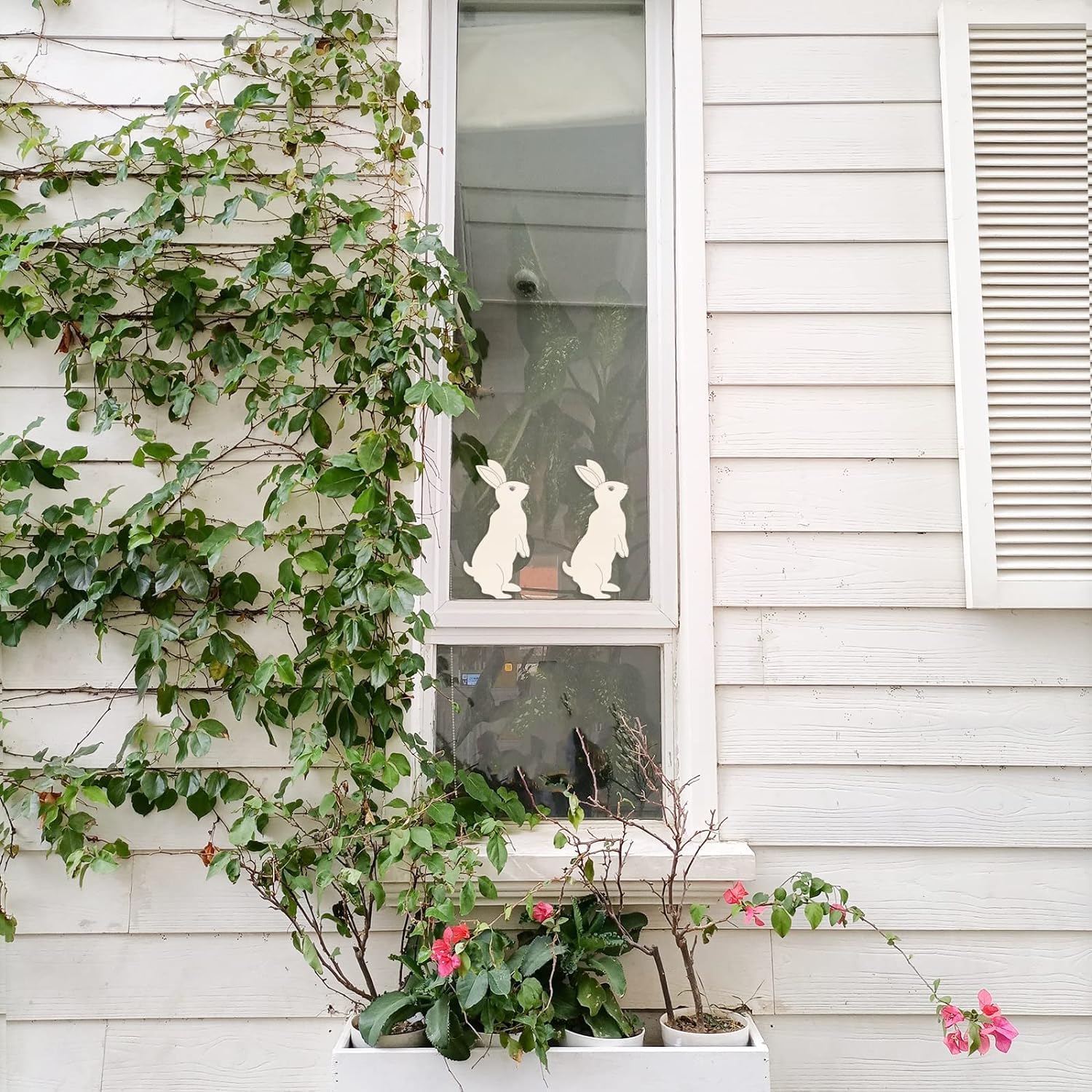 White house exterior with green ivy, a window with cut-out bunny shapes, and potted plants.