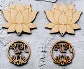 Four wooden lotus flower designs with engraved text on a textured surface