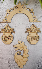 Decorative wooden cutouts with peacock and pot designs on a textured wall background