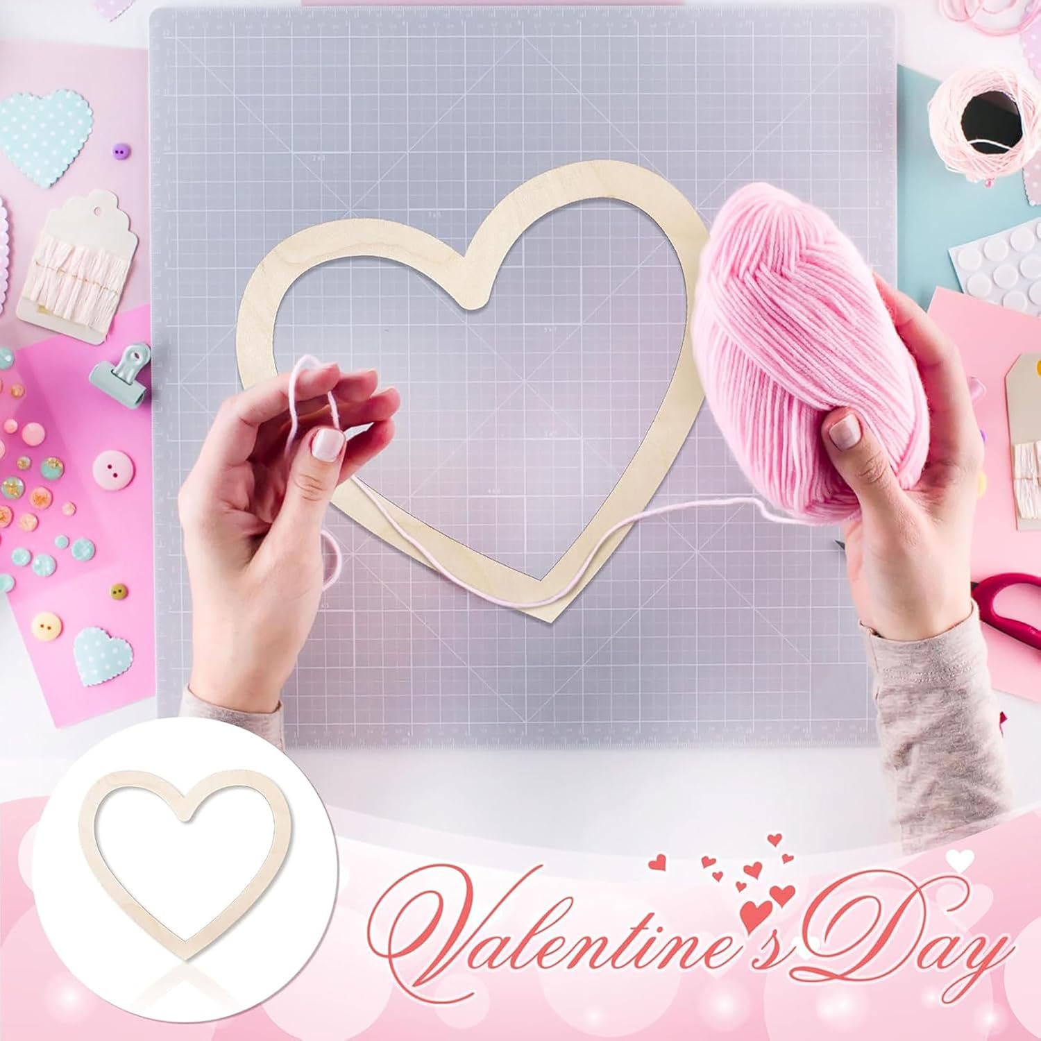 Heart-shaped craft project with pink yarn and tools on a colorful background, suitable for Valentine's Day.