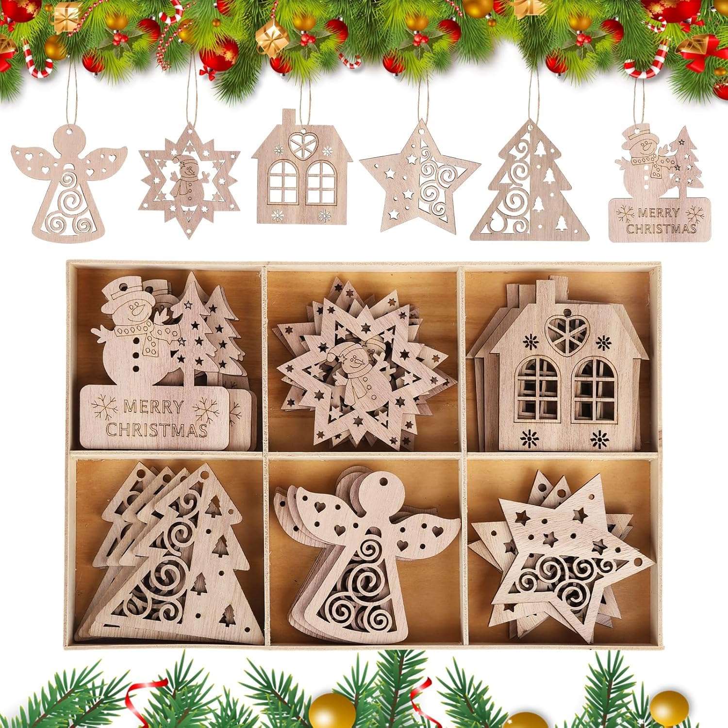 Set of wooden Christmas ornaments in a box with decorative elements above and below.
