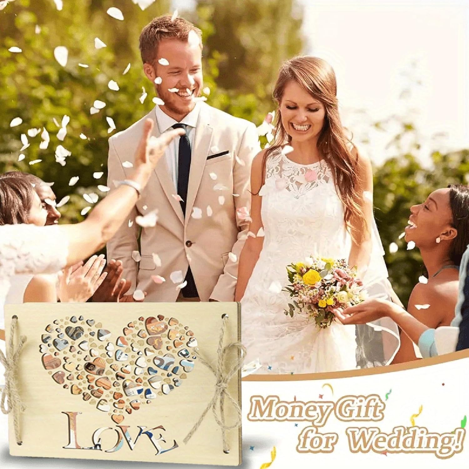 Wedding couple with confetti and a money gift box labeled 'Money Gift for Wedding'.