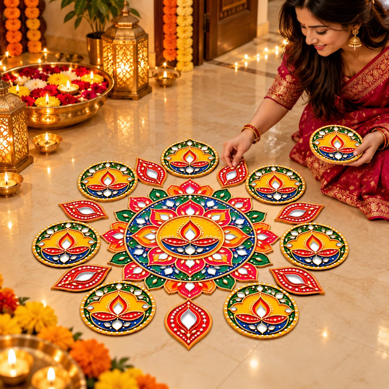 Traditional mandala floor decor with diya circles