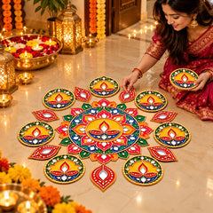 Traditional mandala floor decor with diya circles