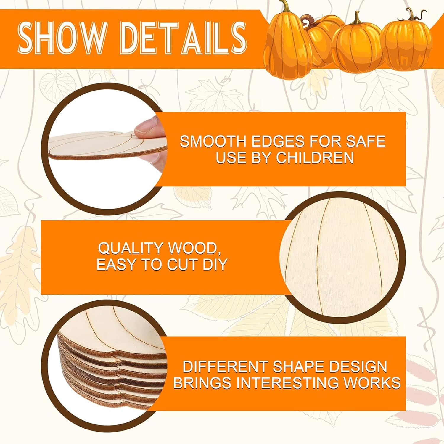 Product details with smooth edges for safe use by children, quality wood for DIY projects, and different shape design.