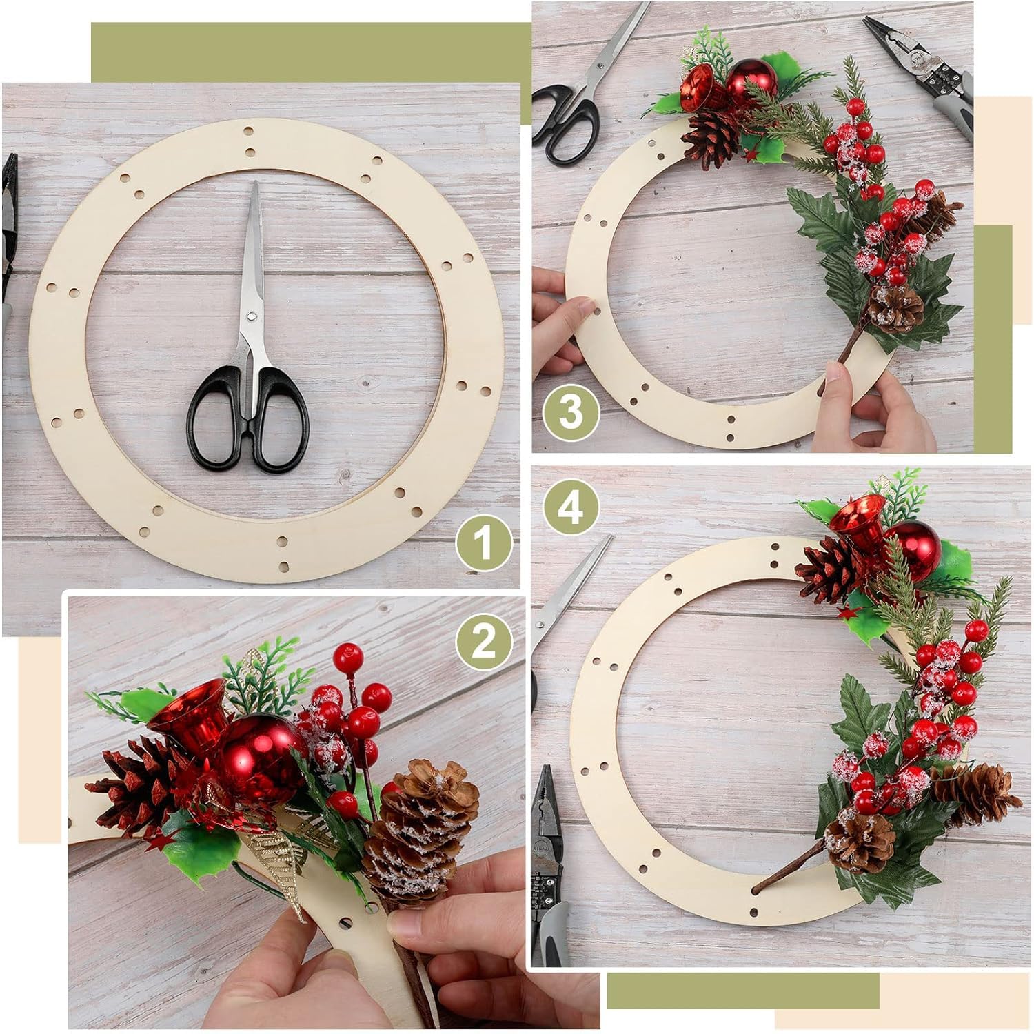 Step-by-step tutorial on making a Christmas wreath with wooden ring, scissors, and decorative elements.