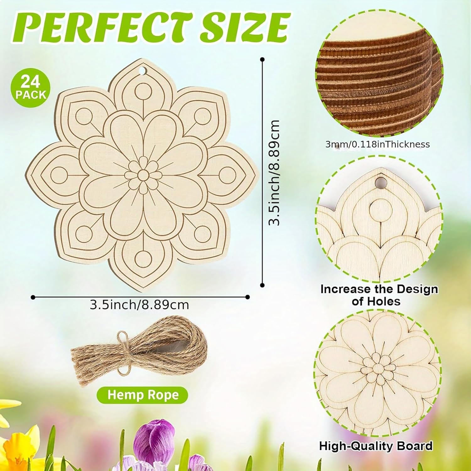 Wooden floral cutouts with measurements and hemp rope on a nature-themed background