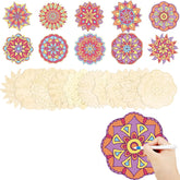 Colorful mandala designs on a white background with a hand holding a marker.
