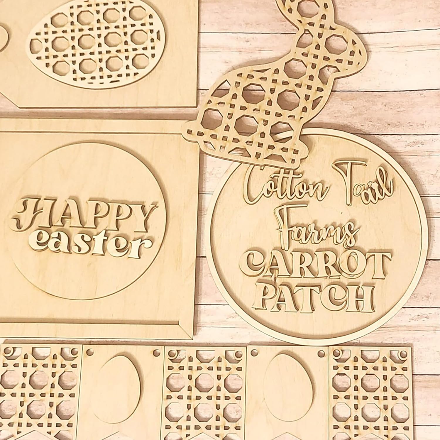 Wooden Easter-themed cutouts with 'Happy Easter' and 'Cotton Tail Farms Carrot Patch' text on a wooden surface.