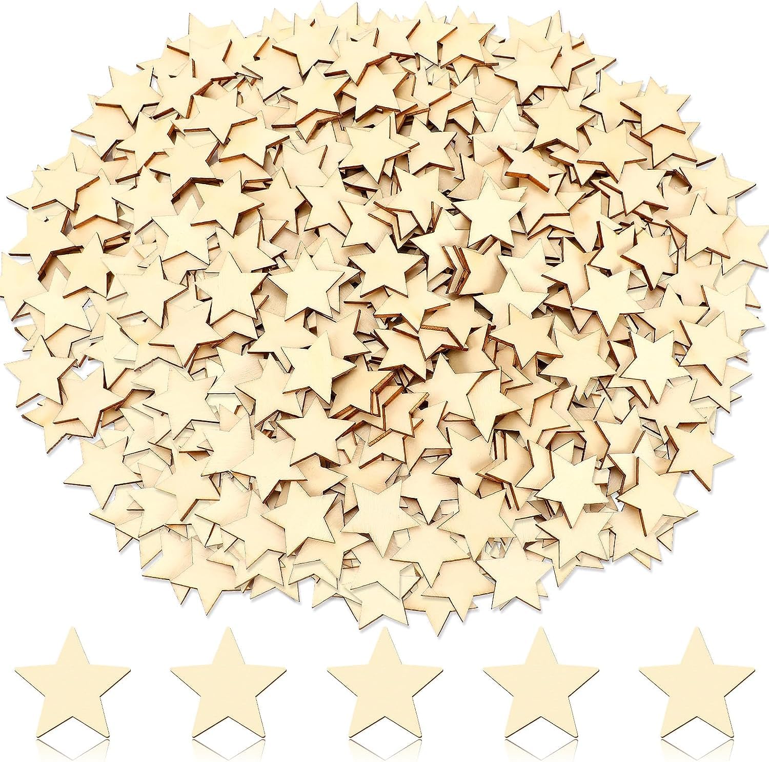 Large pile of wooden star shapes on a white background