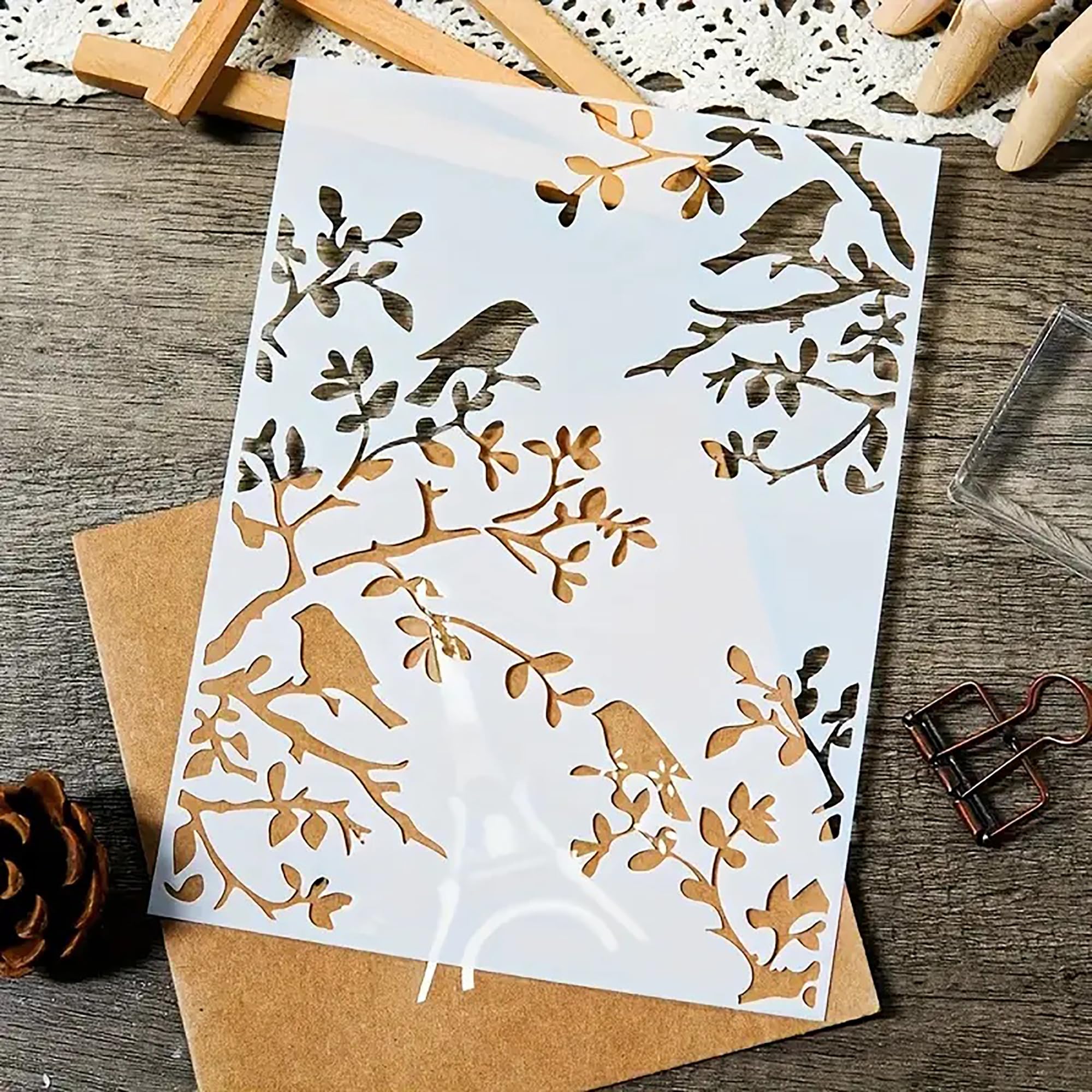 reusable bird and tree stencil for wall painting diy