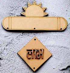 Three wooden nameplates with different shapes and text on a textured gray background