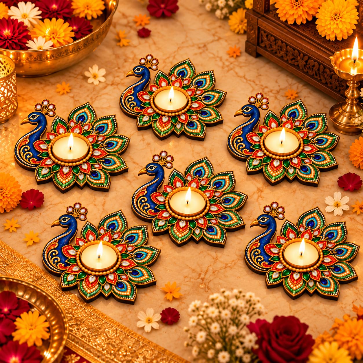 Diwali table decoration with peacock diya holders